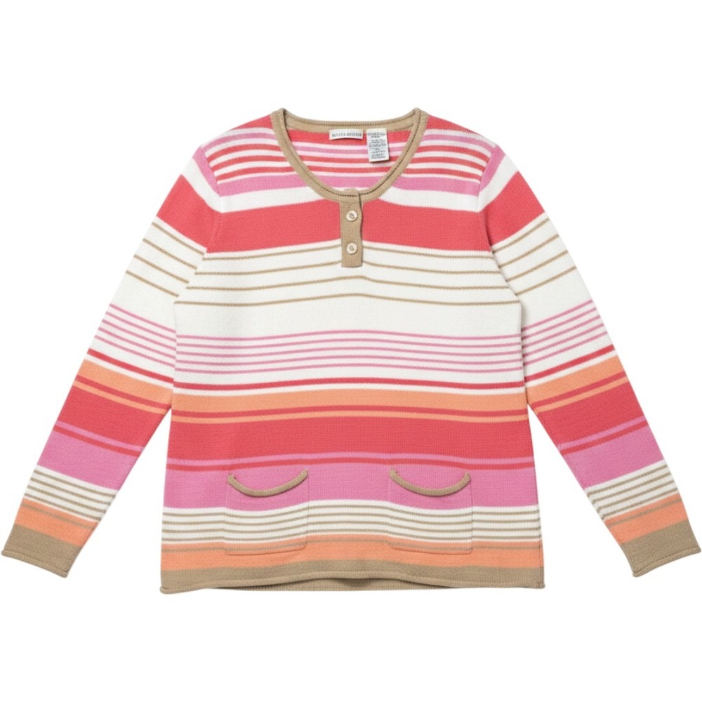 White Stag Henley Knit Sweater Women XL Pink Coral Striped Cotton‎ Girlhoodcore